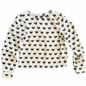 H&M Long Sleeve Cream Blouse with Black Hearts Size 2